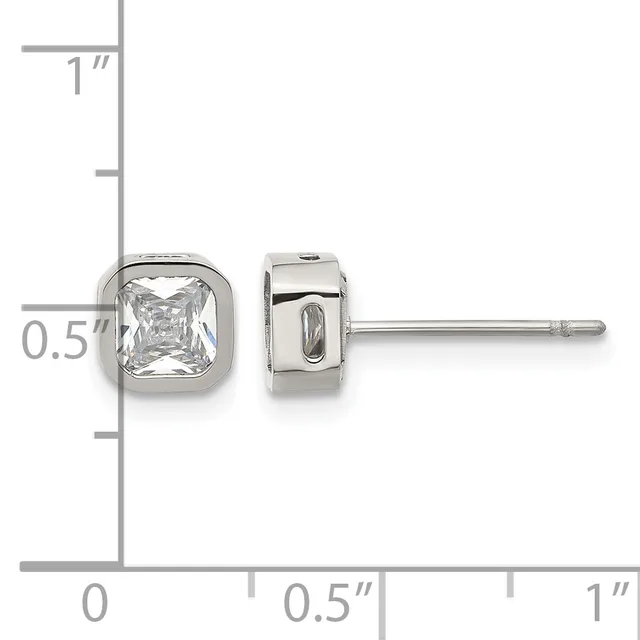 A pair of sterling silver stud earrings with square cushion-cut clear cubic zirconia stones set in bezel settings, shown against a measurement scale.