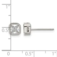 A pair of sterling silver stud earrings with square cushion-cut clear cubic zirconia stones set in bezel settings, shown against a measurement scale.