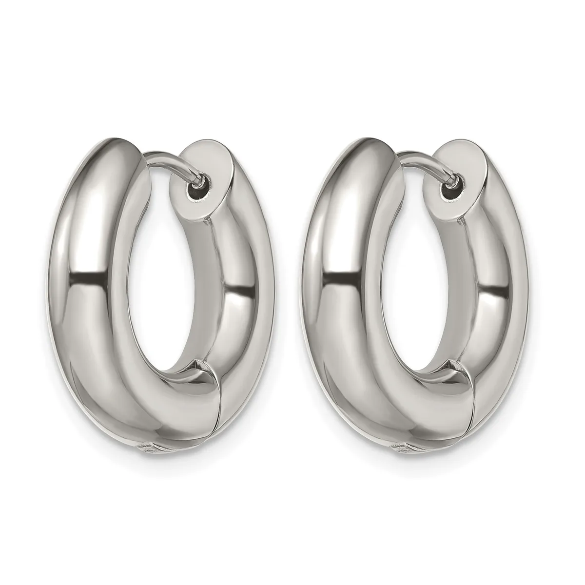 A pair of polished silver-toned chunky hoop earrings with a smooth, rounded tubular design and post closures.