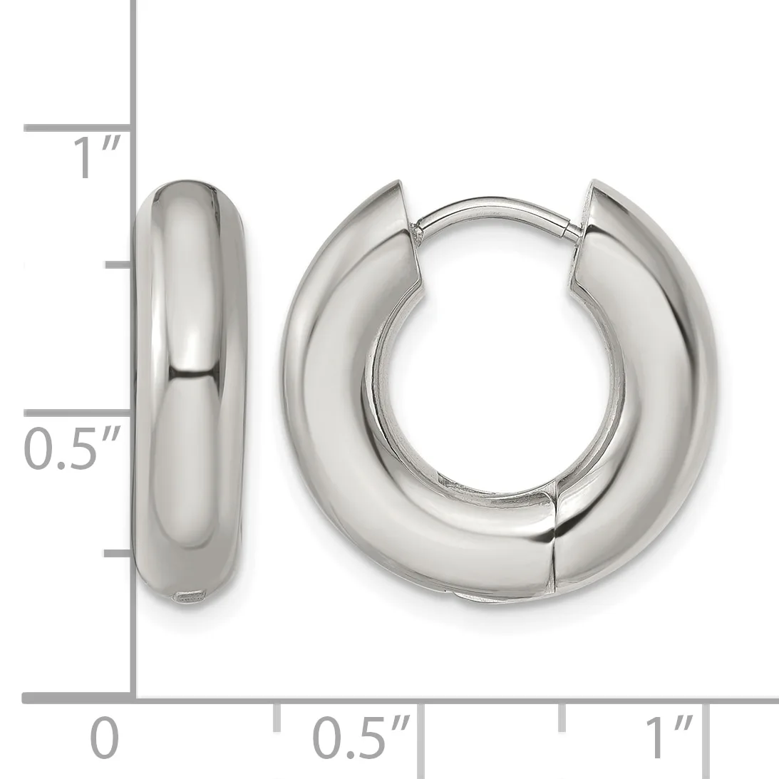 A pair of polished silver huggie hoop earrings shown from front and side views with a measurement scale indicating approximately one inch in diameter and half inch in width.