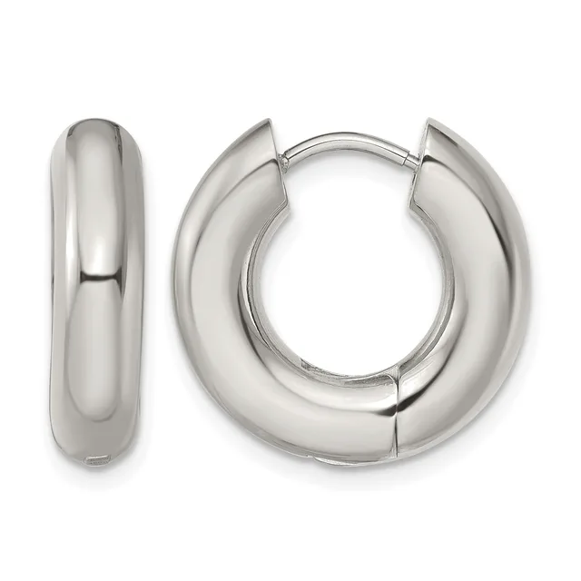 Polished silver-toned chunky hoop earrings shown from front and side angles, featuring a rounded curved design with a hinged clasp closure.