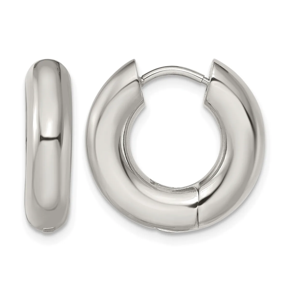 Polished silver-toned chunky hoop earrings shown from front and side angles, featuring a rounded curved design with a hinged clasp closure.