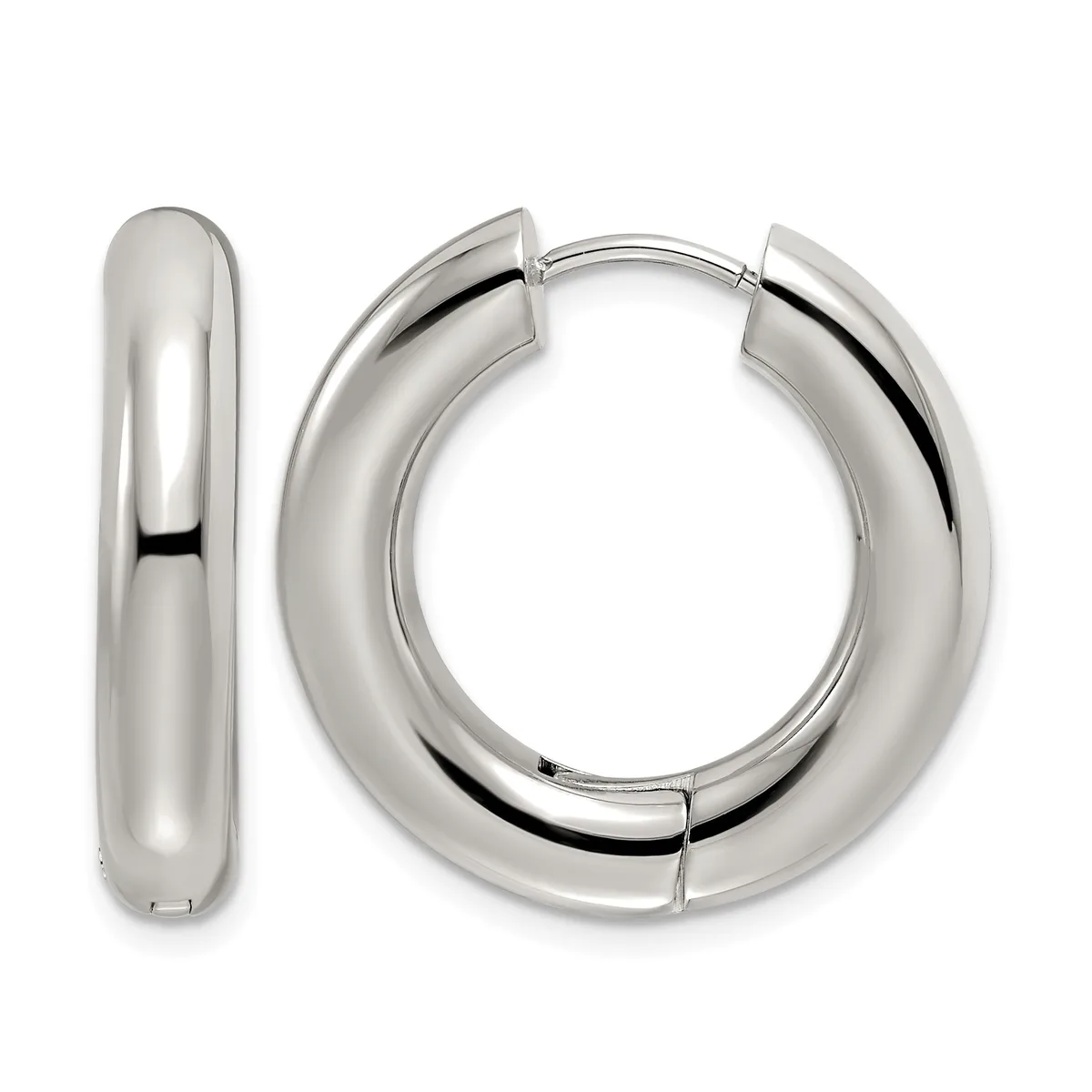 A pair of polished silver huggie hoop earrings with a chunky, curved rectangular profile, shown from the front and side.