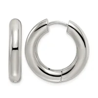A pair of polished silver huggie hoop earrings with a chunky, curved rectangular profile, shown from the front and side.