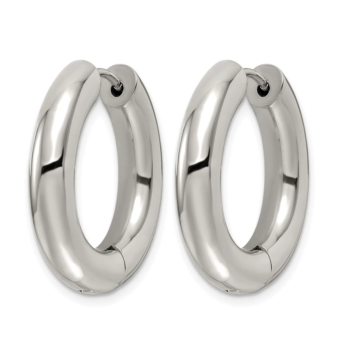 A pair of polished silver-toned chunky hoop earrings with a smooth, rounded surface and hinged closures, shown from the front.