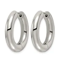 A pair of polished silver-toned chunky hoop earrings with a smooth, rounded surface and hinged closures, shown from the front.