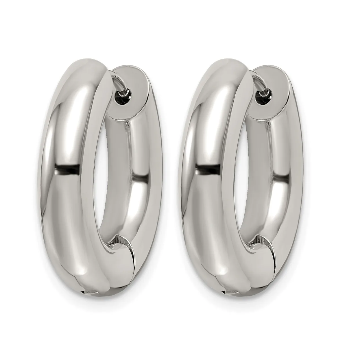 A pair of polished silver chunky oval hoop earrings with hinged closures, shown from the front against a white background.