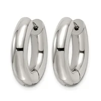 A pair of polished silver chunky oval hoop earrings with hinged closures, shown from the front against a white background.
