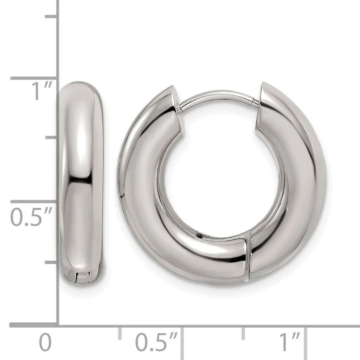 Polished silver-tone chunky hoop earrings with a hinged closure, displayed next to a ruler showing approximately one inch in height and half inch in width.