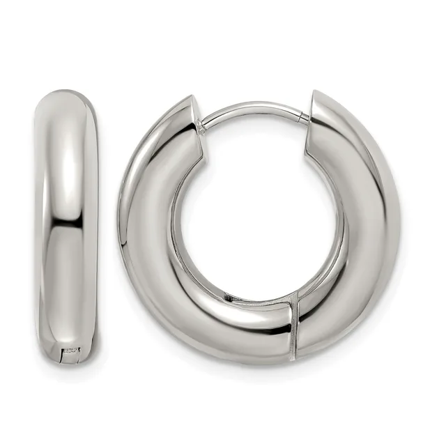 Pair of polished silver-toned chunky hoop earrings with a hinged clasp closure, shown from the front and side.