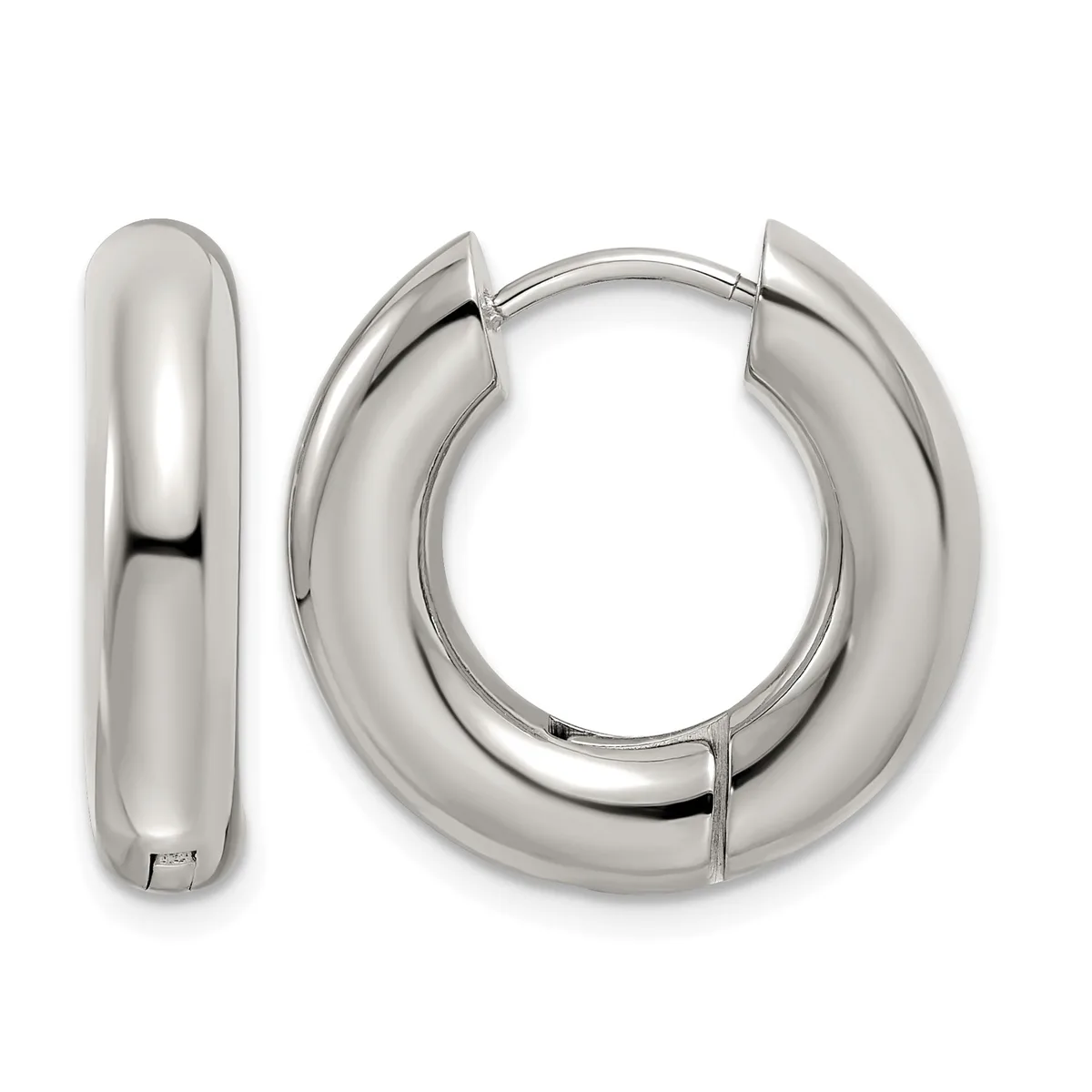 Pair of polished silver-toned chunky hoop earrings with a hinged clasp closure, shown from the front and side.