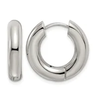 Pair of polished silver-toned chunky hoop earrings with a hinged clasp closure, shown from the front and side.