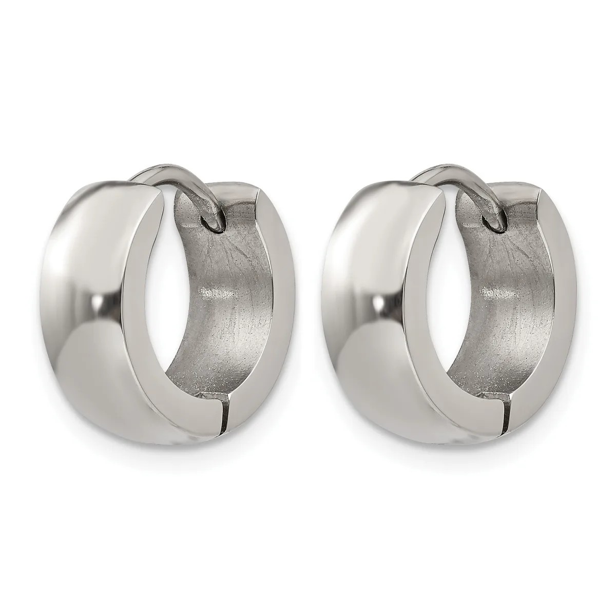 A pair of polished stainless steel chunky hoop earrings with a matte brushed interior, displayed side by side against a white background.