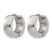 A pair of polished stainless steel chunky hoop earrings with a matte brushed interior, displayed side by side against a white background.