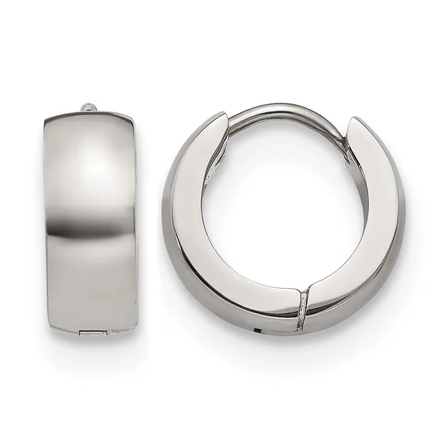 A pair of polished silver-toned chunky hoop earrings displayed from front and side views, shown against a white background.