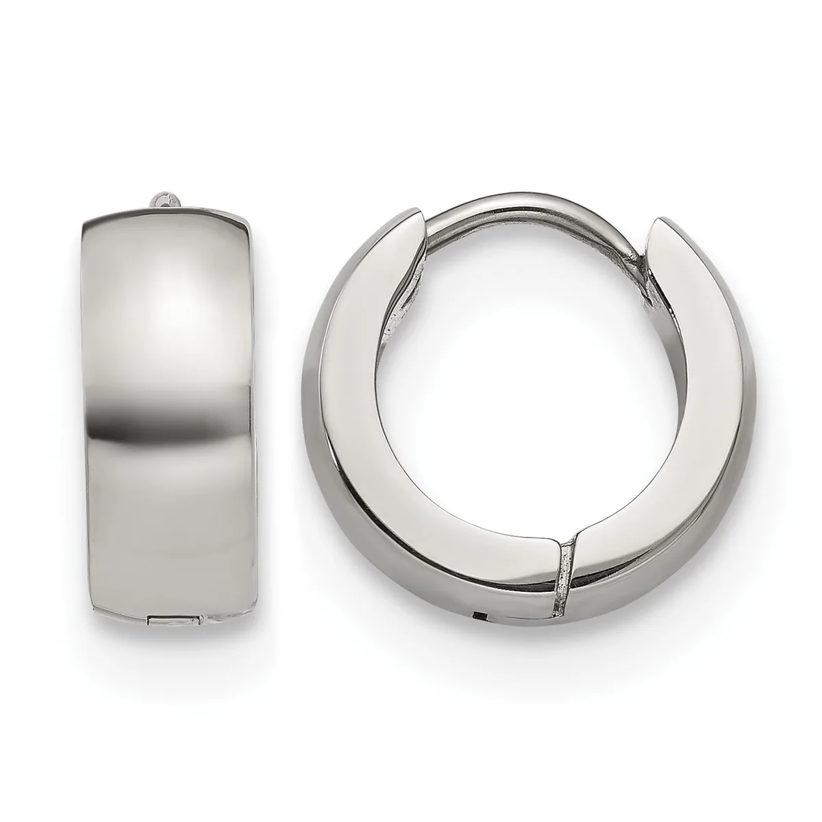 A pair of polished silver-toned chunky hoop earrings displayed from front and side views, shown against a white background.