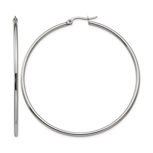 A pair of polished silver-toned hoop earrings displayed with one earring shown front-facing and the other shown from the side to display its hook closure.