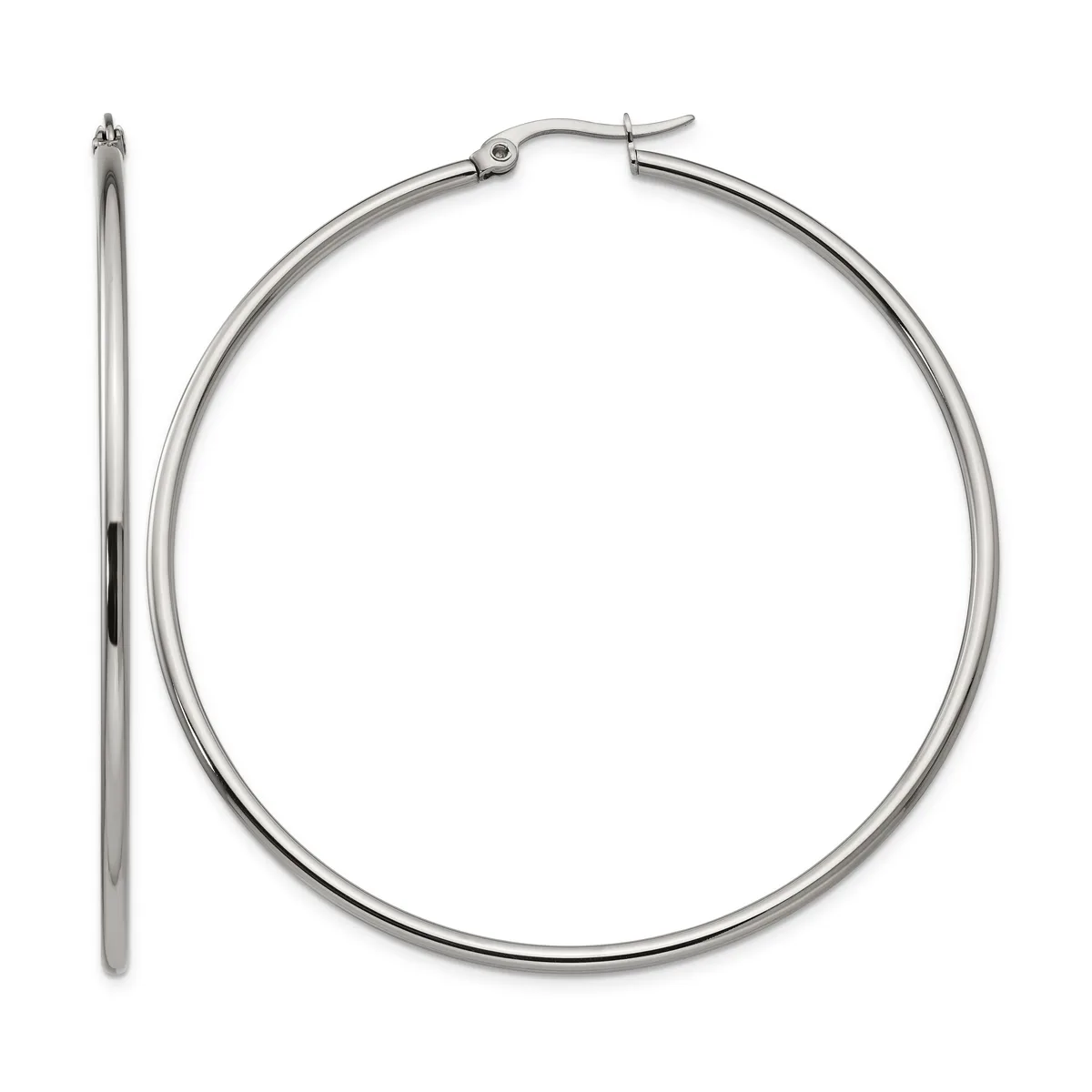 A pair of polished silver-toned hoop earrings displayed with one earring shown front-facing and the other shown from the side to display its hook closure.