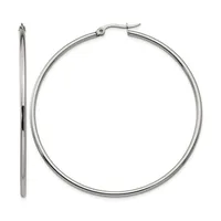 A pair of polished silver-toned hoop earrings displayed with one earring shown front-facing and the other shown from the side to display its hook closure.