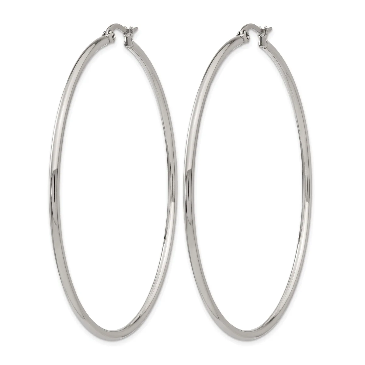 A pair of polished silver-toned hoop earrings with a smooth, rounded tubular design and hinged closures, shown against a white background.