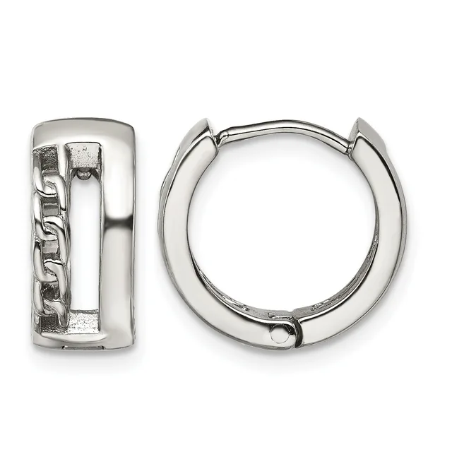 A pair of polished silver huggie hoop earrings shown from front and side views, featuring a textured rectangular panel on one earring.