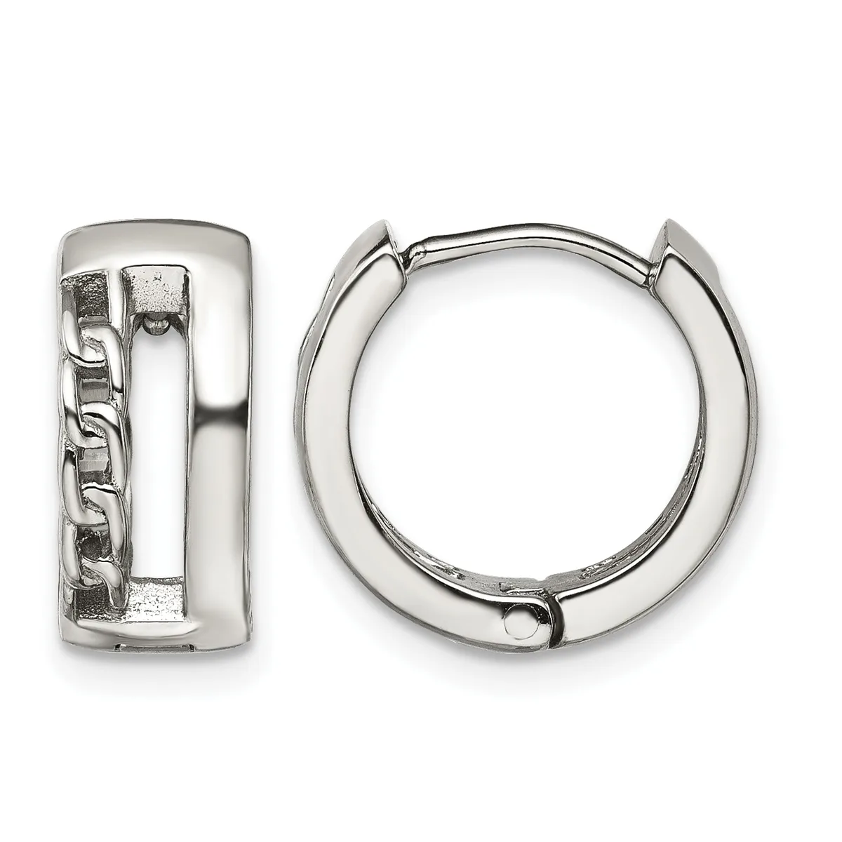 A pair of polished silver huggie hoop earrings shown from front and side views, featuring a textured rectangular panel on one earring.
