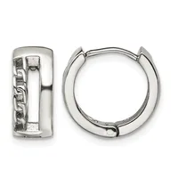 A pair of polished silver huggie hoop earrings shown from front and side views, featuring a textured rectangular panel on one earring.