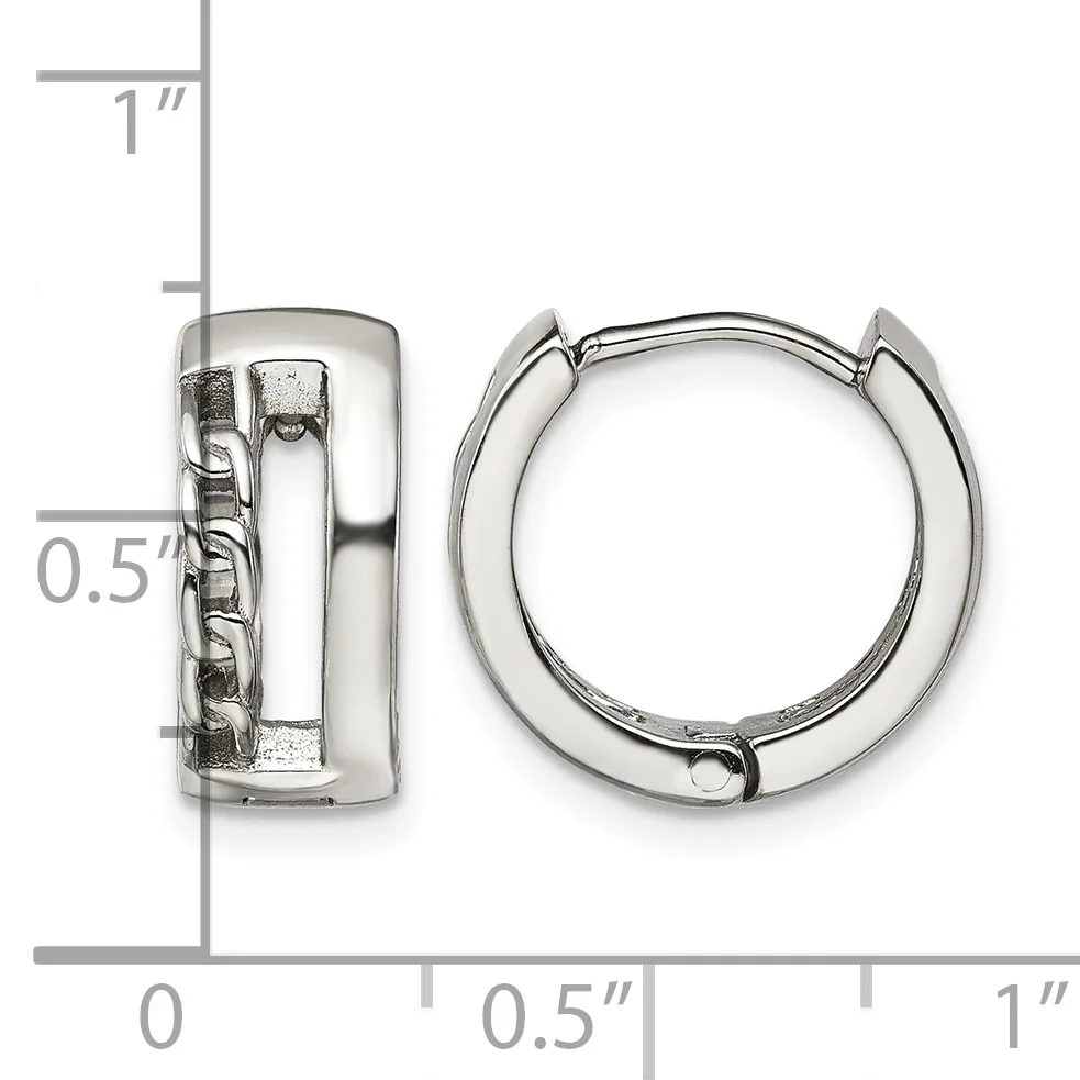 Pair of polished silver-toned hinged hoop earrings with textured detail on one earring, shown against a measurement scale indicating approximately one inch in height and half inch in width.