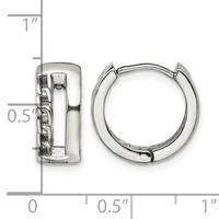 Pair of polished silver-toned hinged hoop earrings with textured detail on one earring, shown against a measurement scale indicating approximately one inch in height and half inch in width.