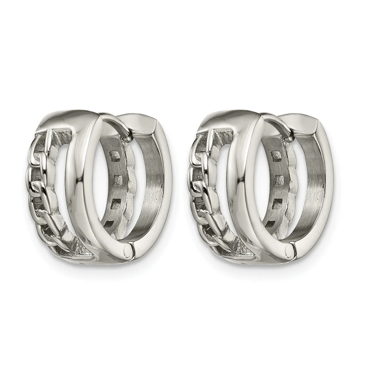 A pair of polished silver chunky hoop earrings with textured chain-link detailing on the outer surface, shown from the front.