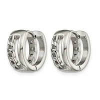 A pair of polished silver chunky hoop earrings with textured chain-link detailing on the outer surface, shown from the front.