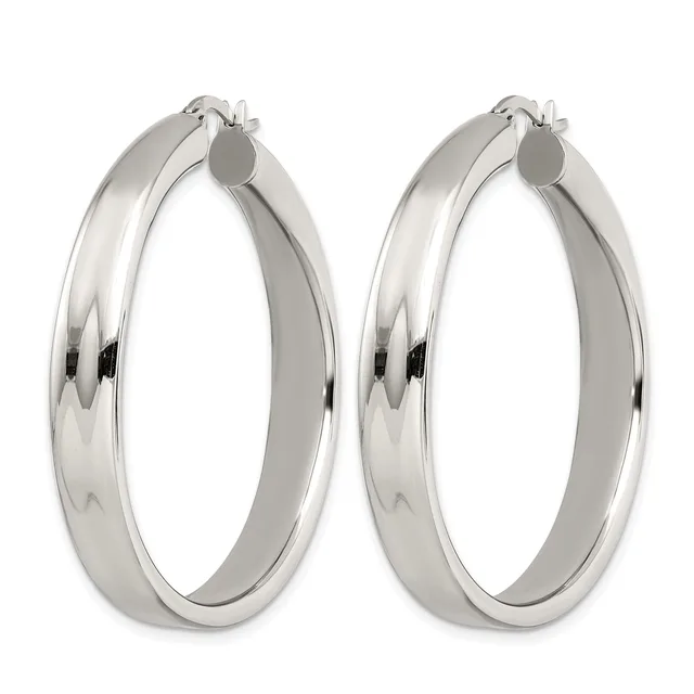 A pair of polished silver-tone hoop earrings with a smooth, curved surface and hinged closure posts, displayed side by side.