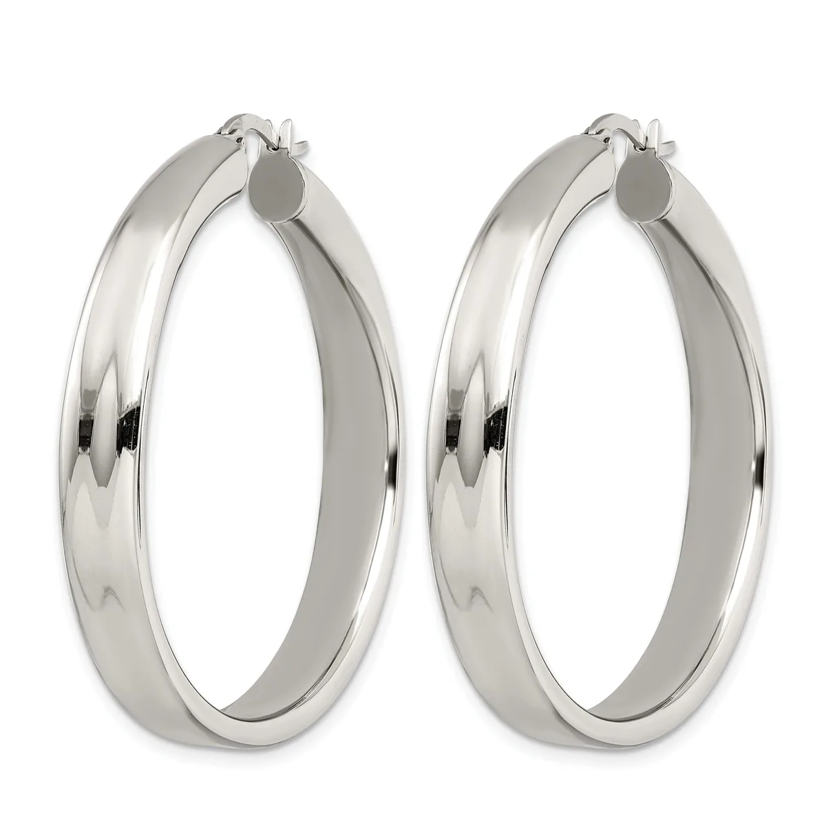A pair of polished silver-tone hoop earrings with a smooth, curved surface and hinged closure posts, displayed side by side.
