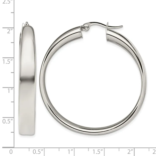Polished silver-toned hoop earrings shown from front and side views with a measurement scale indicating approximately 2 inches in diameter and 0.5 inches in width.