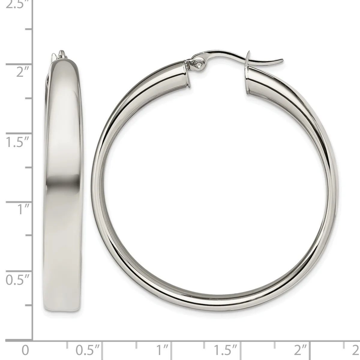 Polished silver-toned hoop earrings shown from front and side views with a measurement scale indicating approximately 2 inches in diameter and 0.5 inches in width.