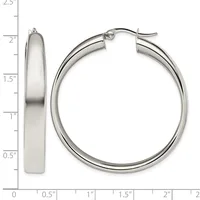 Polished silver-toned hoop earrings shown from front and side views with a measurement scale indicating approximately 2 inches in diameter and 0.5 inches in width.