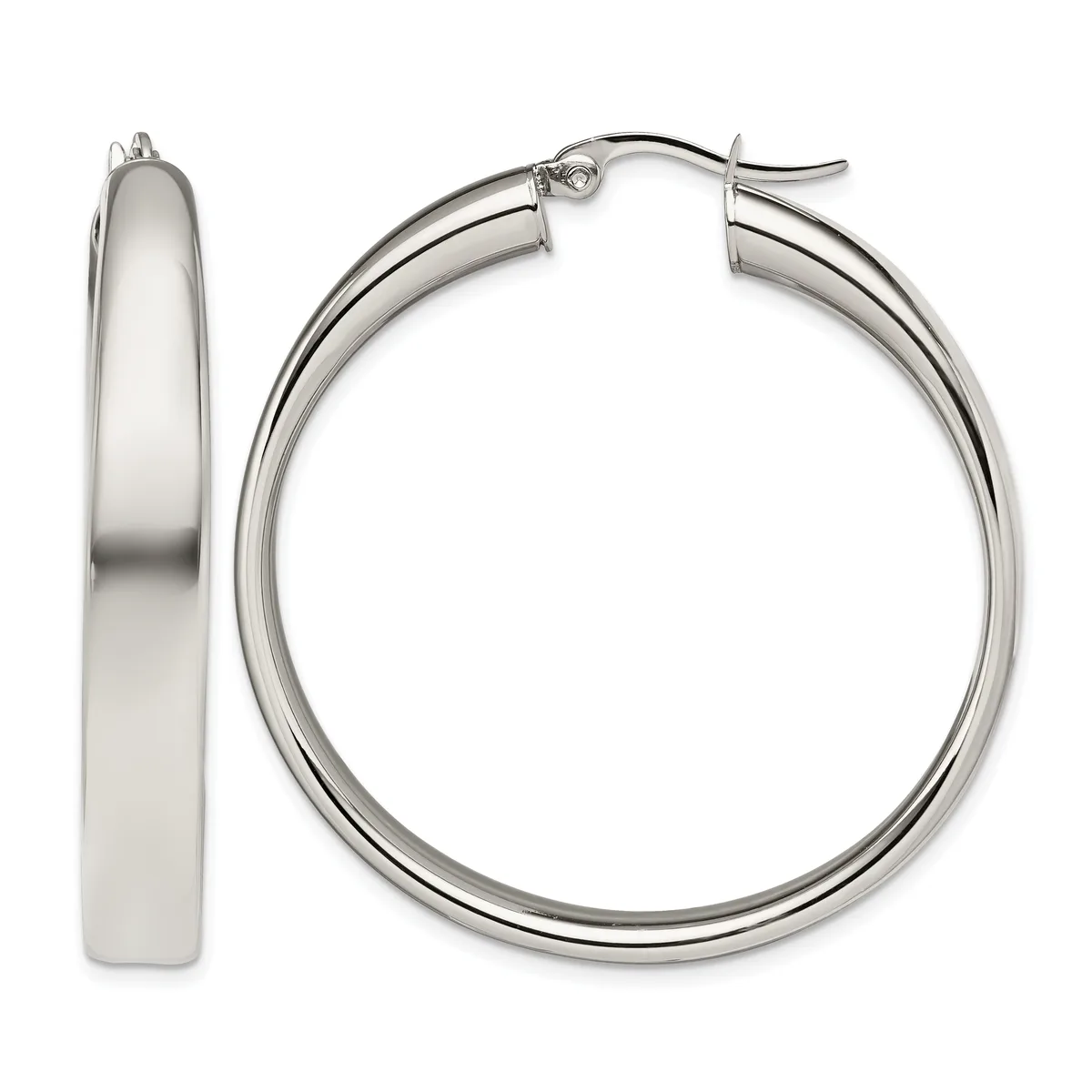 A pair of polished silver-toned hoop earrings shown from front and side views, displaying their smooth curved tubular design with hinged closures.