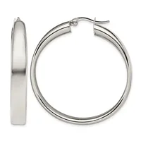 A pair of polished silver-toned hoop earrings shown from front and side views, displaying their smooth curved tubular design with hinged closures.