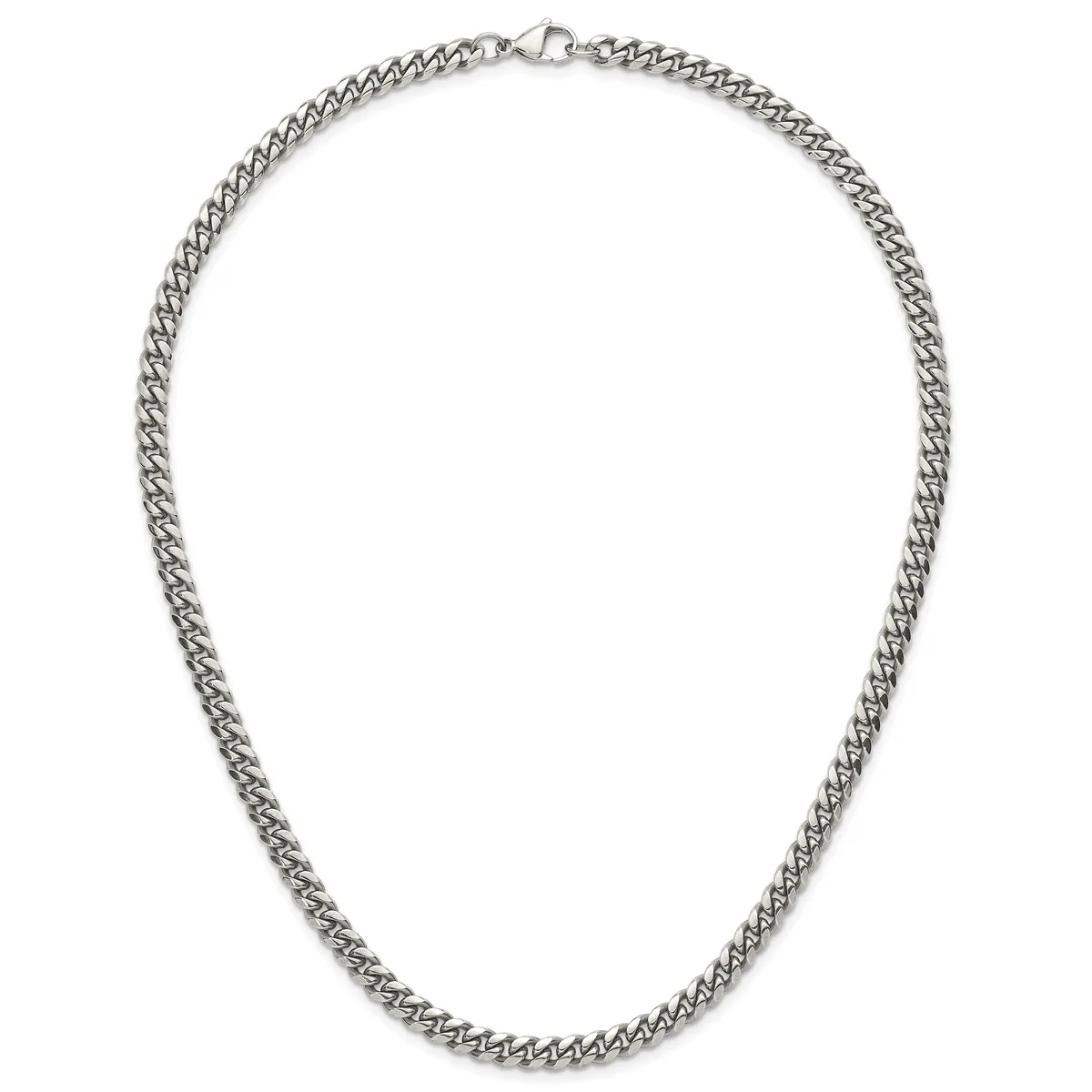 A silver-toned curb chain necklace with a lobster claw clasp, displayed against a white background.