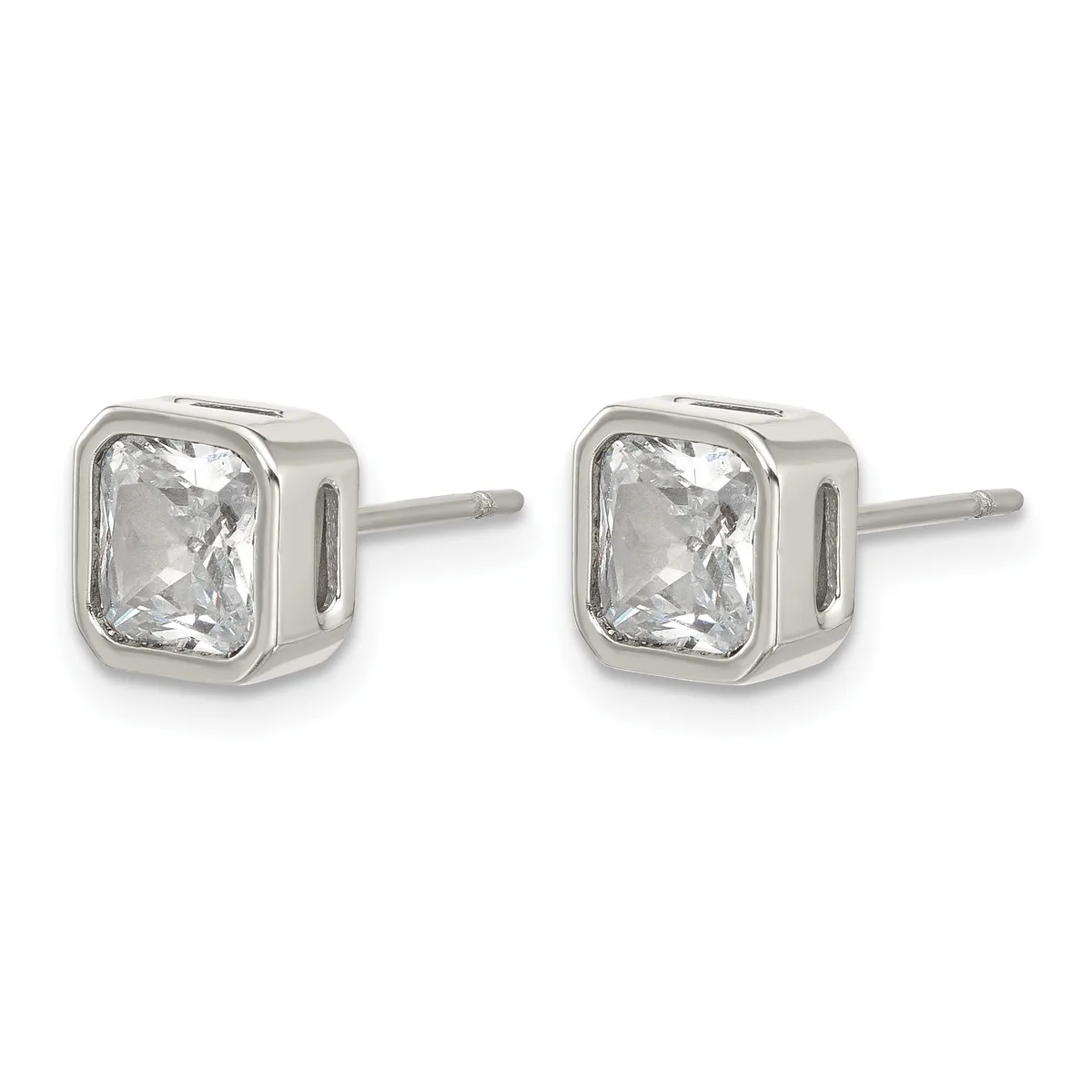 A pair of silver stud earrings with square bezels containing clear rectangular cut gemstones, shown from the front against a white background.