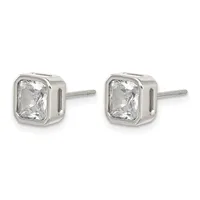 A pair of silver stud earrings with square bezels containing clear rectangular cut gemstones, shown from the front against a white background.
