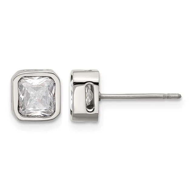 Pair of sterling silver stud earrings with square bezels containing clear cubic zirconia stones, shown from front and side views.
