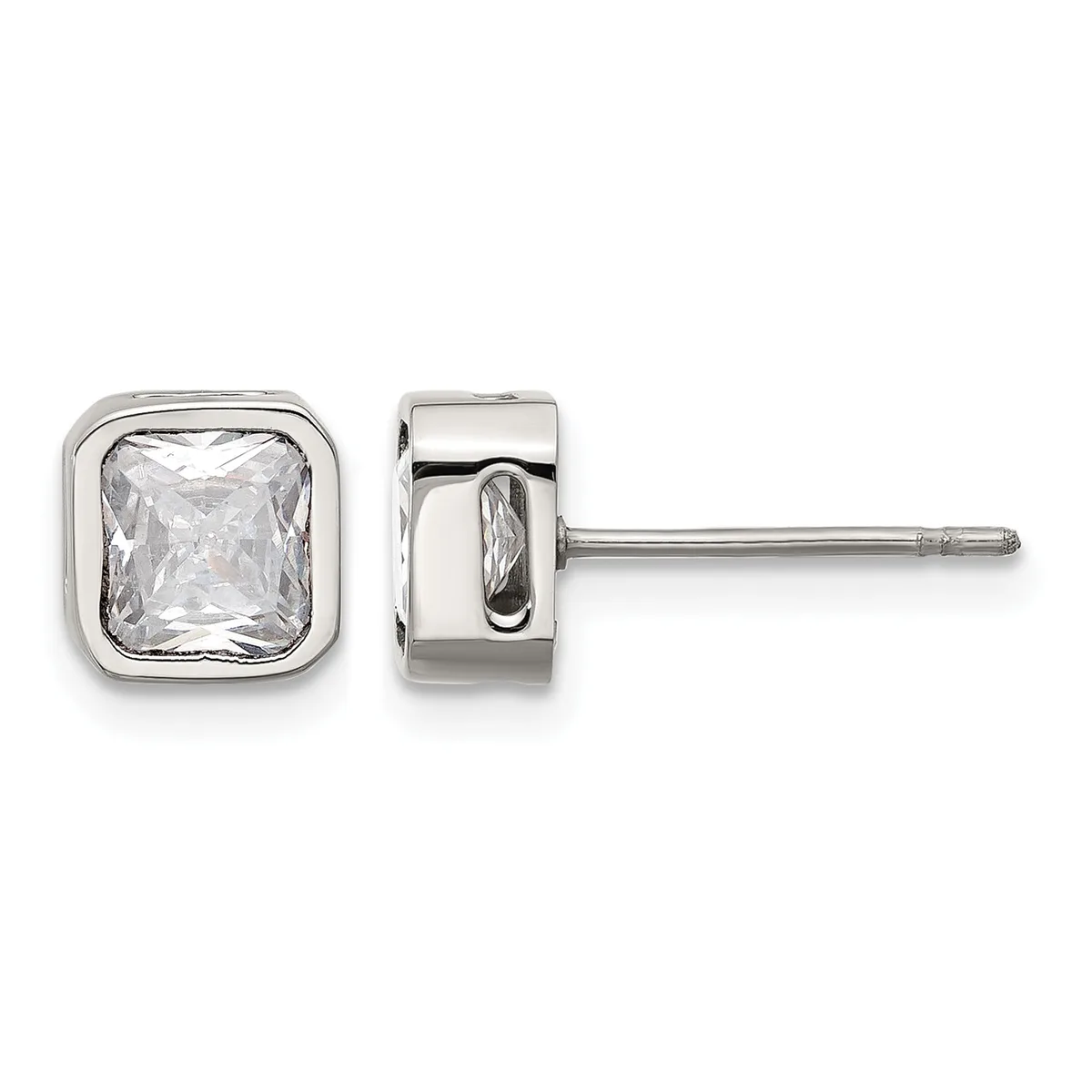 Pair of sterling silver stud earrings with square bezels containing clear cubic zirconia stones, shown from front and side views.