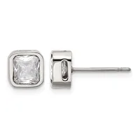 Pair of sterling silver stud earrings with square bezels containing clear cubic zirconia stones, shown from front and side views.