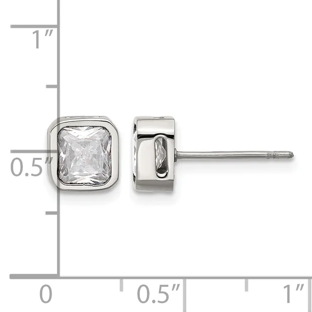 Pair of square stud earrings with clear cubic zirconia stones set in polished sterling silver, shown on a measurement scale indicating approximately 0.5 inches in height.