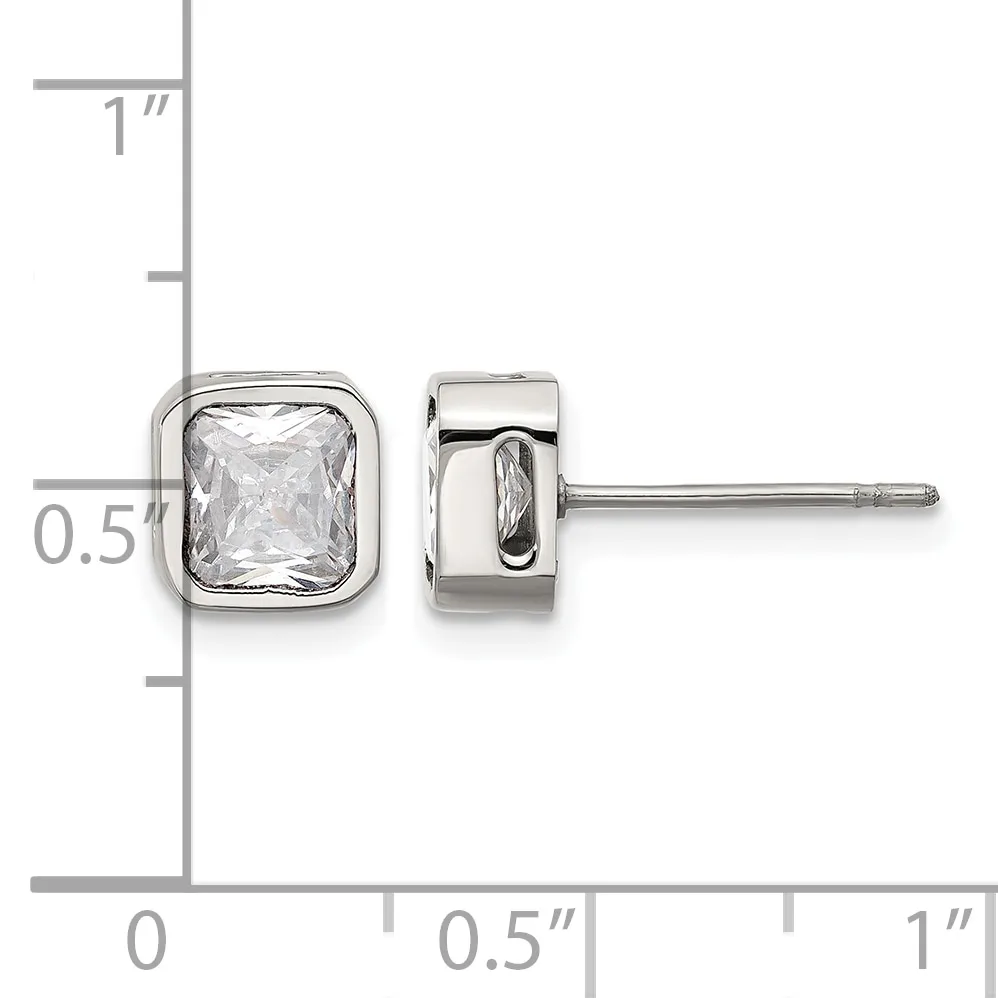 Pair of square stud earrings with clear cubic zirconia stones set in polished sterling silver, shown on a measurement scale indicating approximately 0.5 inches in height.