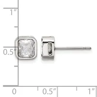 Pair of square stud earrings with clear cubic zirconia stones set in polished sterling silver, shown on a measurement scale indicating approximately 0.5 inches in height.