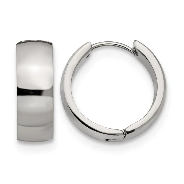 Pair of polished silver-toned chunky hoop earrings with hinged closures, shown from front and side views.