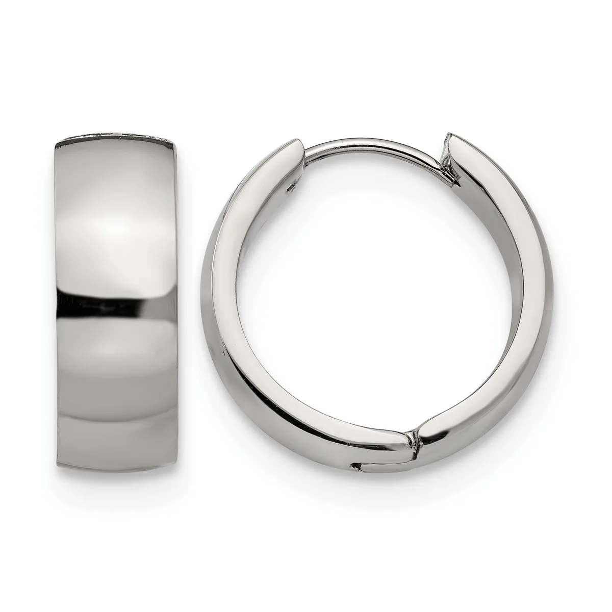 Pair of polished silver-toned chunky hoop earrings with hinged closures, shown from front and side views.
