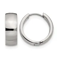 Pair of polished silver-toned chunky hoop earrings with hinged closures, shown from front and side views.
